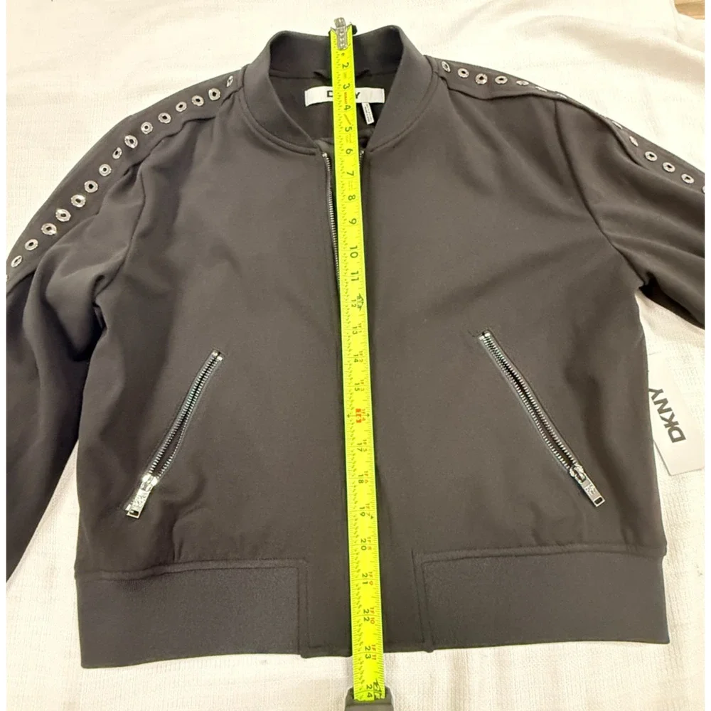 DKNY Women's Black Bomber Jacket Size M Studded Grommet Sleeve Full Zip NWT